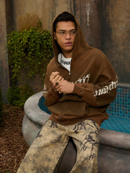 Supermade Vintage Distressed Studded Gothic Font Zipper Sweatshirt 