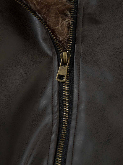 Vintage Faux Fur Hood Lined PU Zip Up Bomber Jacket 