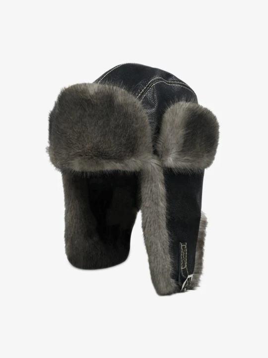 Vintage Distressed Leather Plush Trapper Hat 