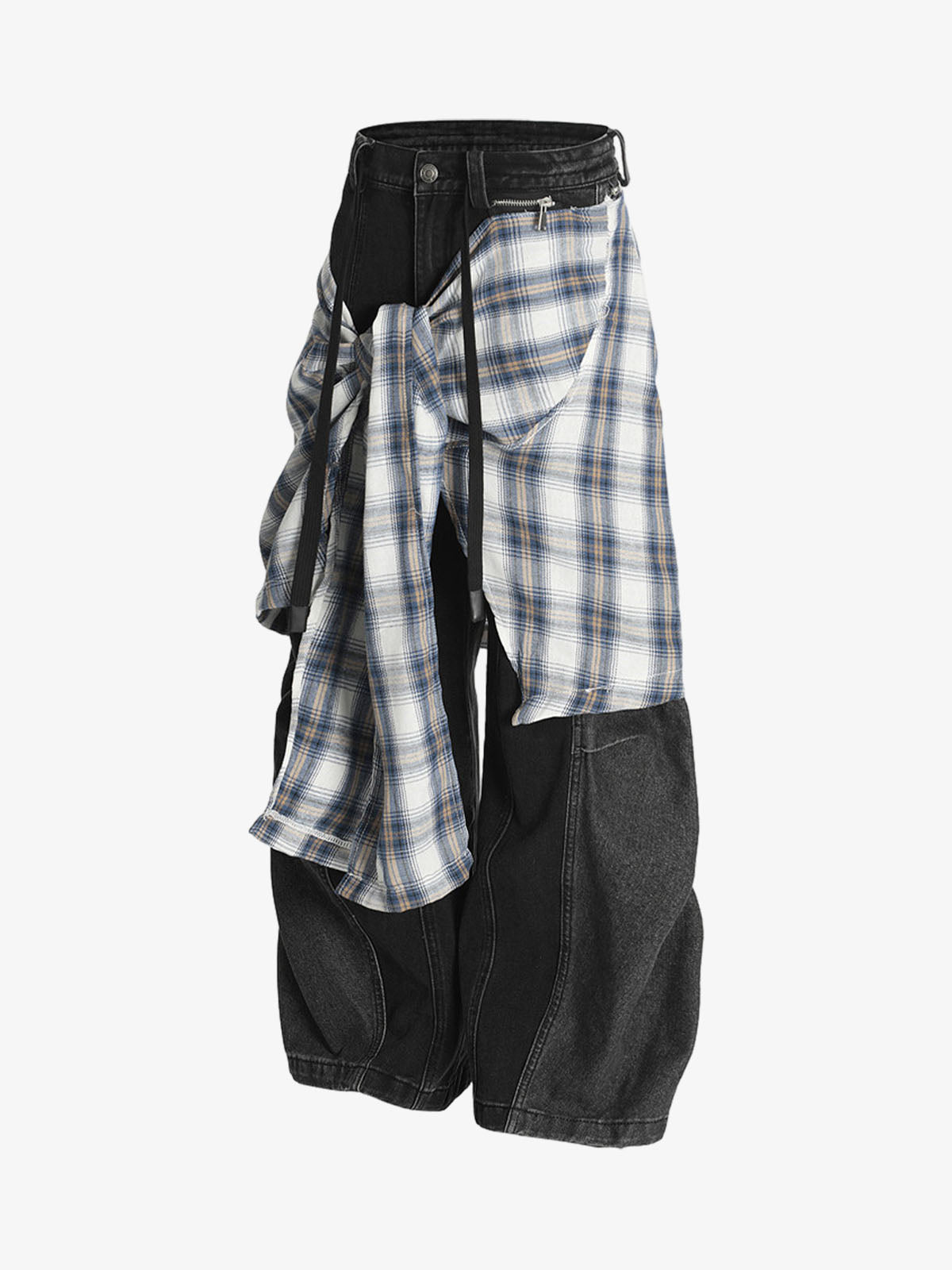 Denim Faux Two-piece Plaid Detachable Scimitar Jeans - 2435 