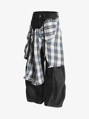 Denim Faux Two-piece Plaid Detachable Scimitar Jeans - 2435 