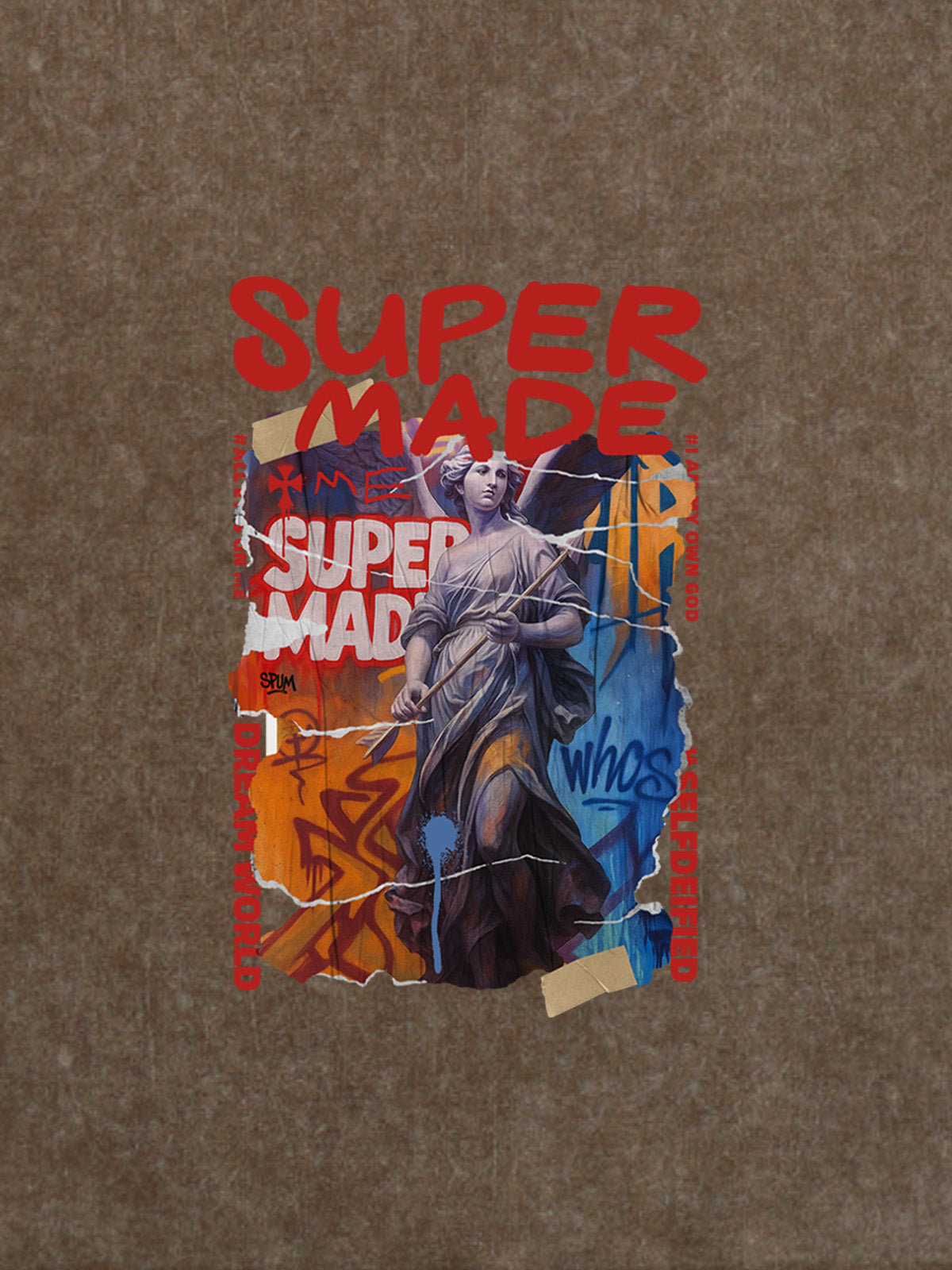 Cotton Blend SUPERMADE Sculpture Sraffiti Sticker Pattern T-Shirt 