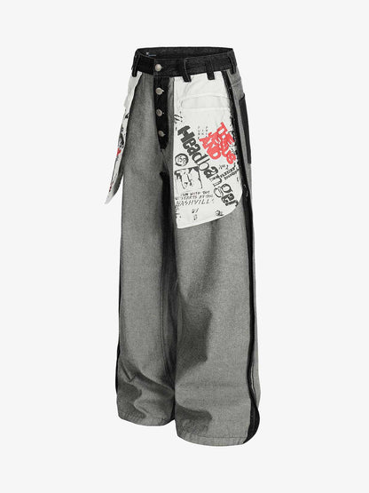 Distressed Reverse Design Large Pocket Printed Jeans 