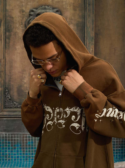 Supermade Vintage Distressed Studded Gothic Font Zipper Sweatshirt 