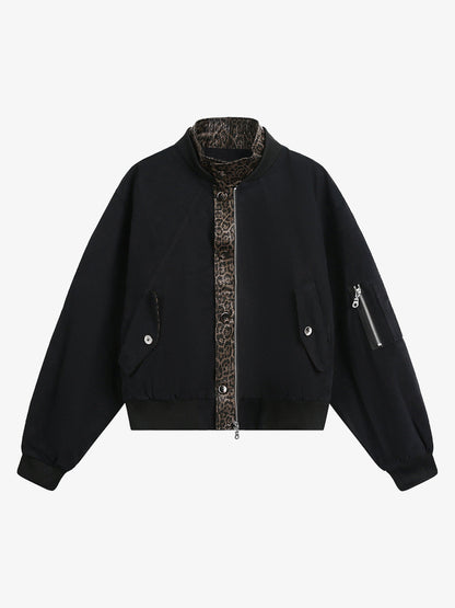 Retro Leopard PU Patchwork Faux Layered Jacket 