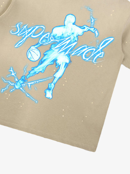 thesupermade "Energy Burst" Basketball Player Cyber Aesthetic Electric Print T-Shirt – Vintage Washed Oversized Basketball Streetwear T-Shirt 