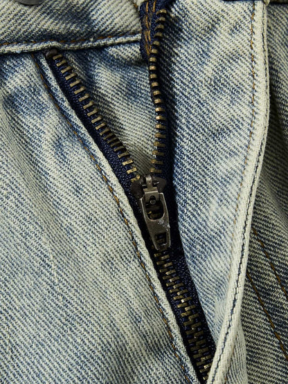 Denim Wide Leg Pants with Distressed Wash and Metal Studs 