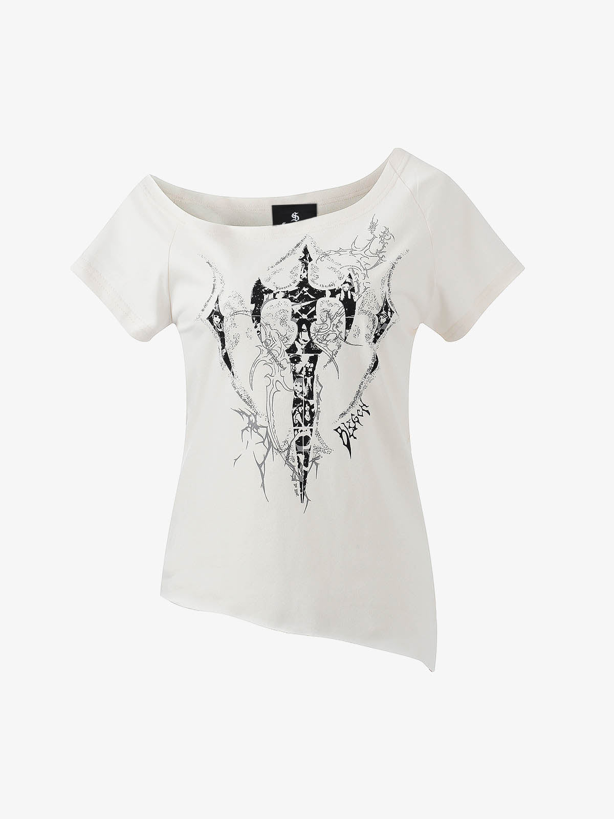 Off Shoulder Cross Graphic Slim Fit T-Shirt 