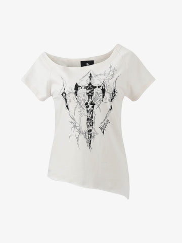 Off Shoulder Cross Graphic Slim Fit T-Shirt 
