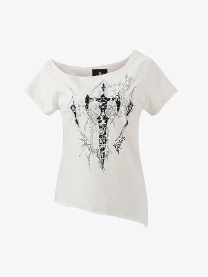 Off Shoulder Cross Graphic Slim Fit T-Shirt 