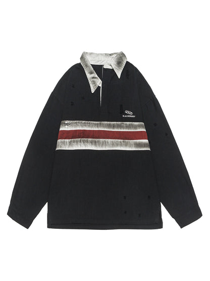 Dirty-Dye Embroidered Long Sleeve Polo Shirt 