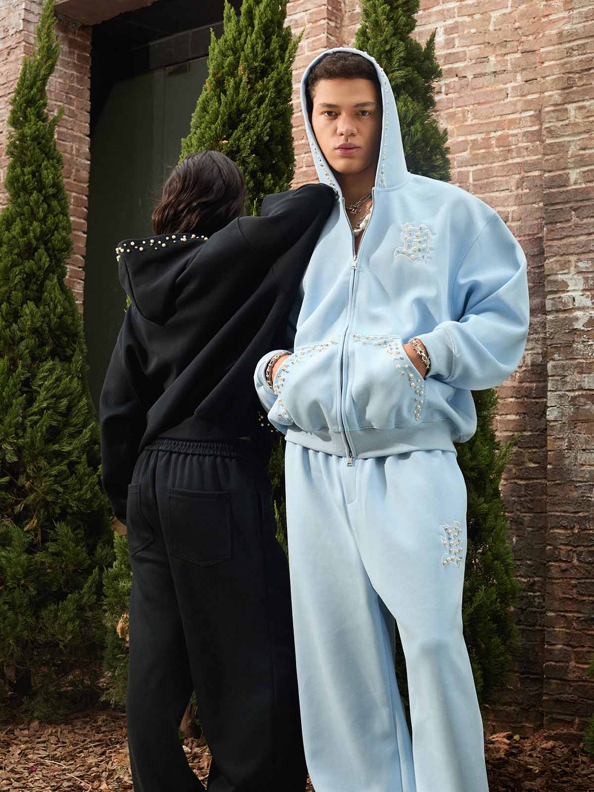 Cotton Blend Embroidered Pearl Detail Track Jacket with Zip Front and Hood 