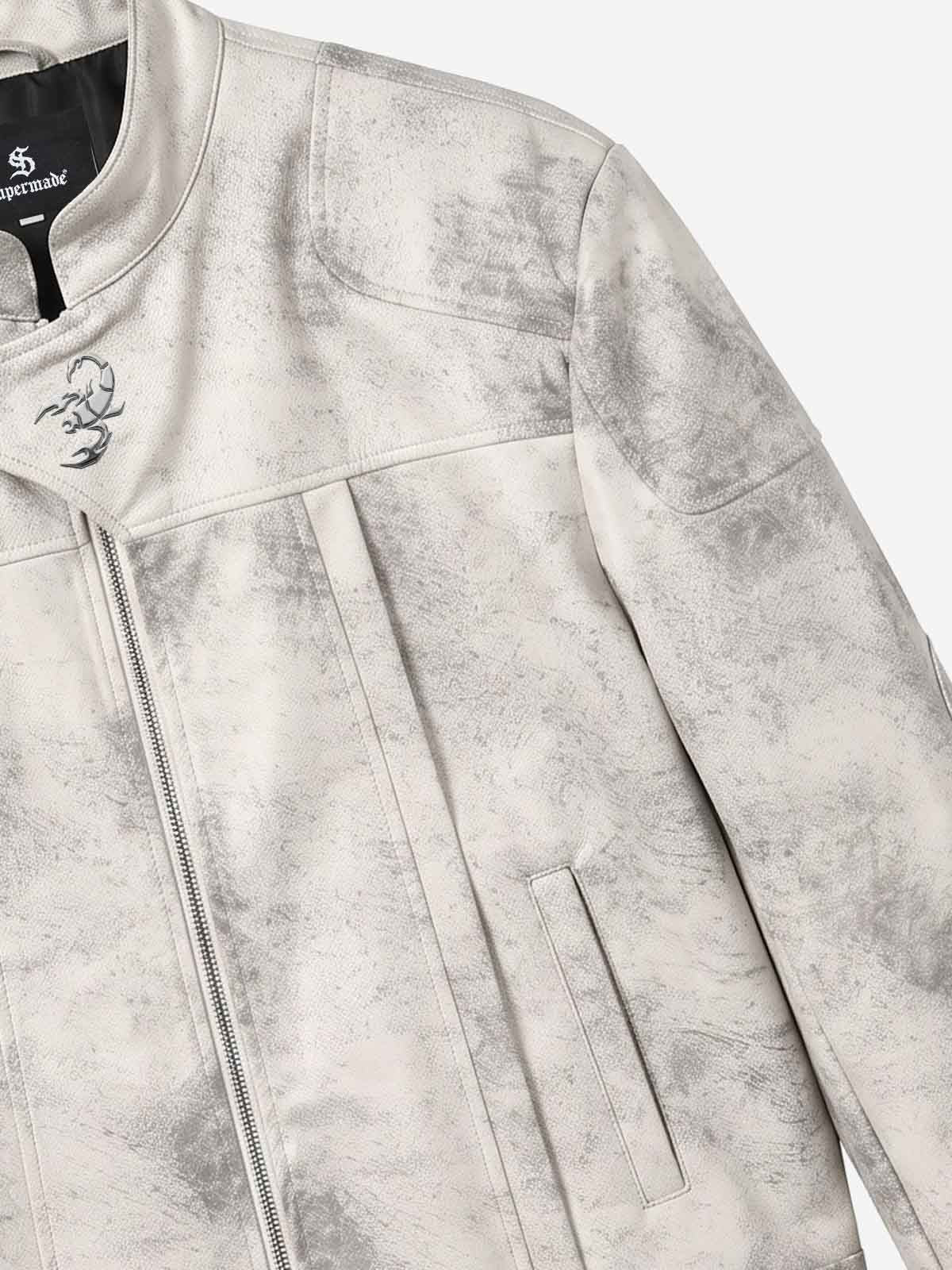 Padded-Shoulder Asymmetric Faux Leather Biker Jacket