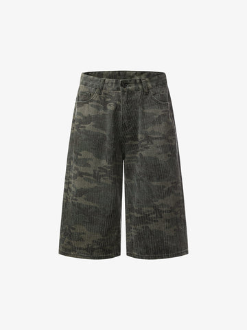 Camo Perforated Cargo Shorts – Wide-Leg Cotton Blend Utility Shorts
