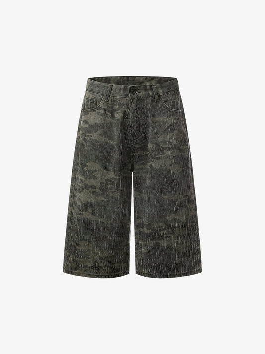 Camo Perforated Cargo Shorts – Wide-Leg Cotton Blend Utility Shorts