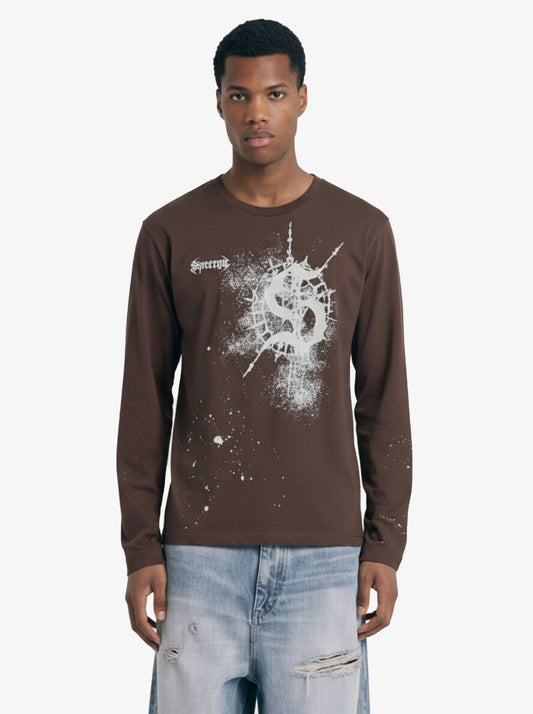 Cotton Washed Slim Fit Long-Sleeve T-Shirt with Splatter Graphic Print and Gothic 3D stereoscopic silicone printing Logo Design 