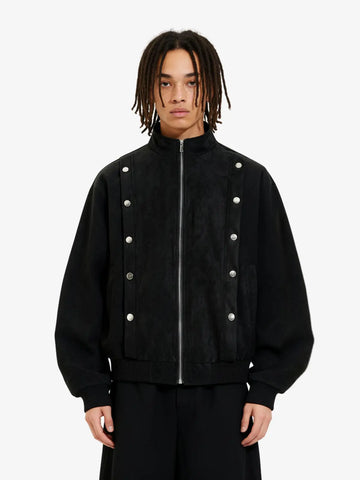 Vintage Stand Collar Metal Button-Structured Bomber Jacket 