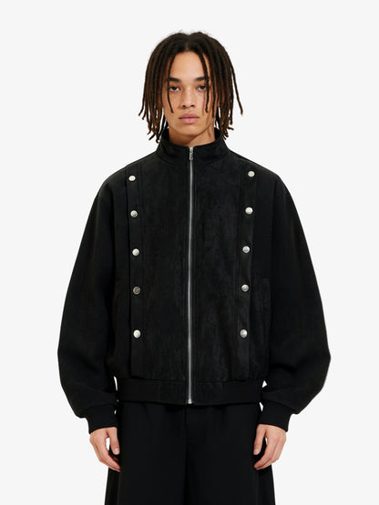 Vintage Stand Collar Metal Button-Structured Bomber Jacket