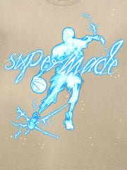 thesupermade "Energy Burst" Basketball Player Cyber Aesthetic Electric Print T-Shirt – Vintage Washed Oversized Basketball Streetwear T-Shirt 