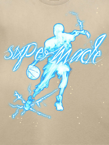 thesupermade "Energy Burst" Basketball Player Cyber Aesthetic Electric Print T-Shirt – Vintage Washed Oversized Basketball Streetwear T-Shirt 