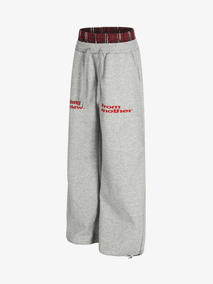 Wide-Leg Lounge Pants with Plaid Waistband and Stylish Lettering 