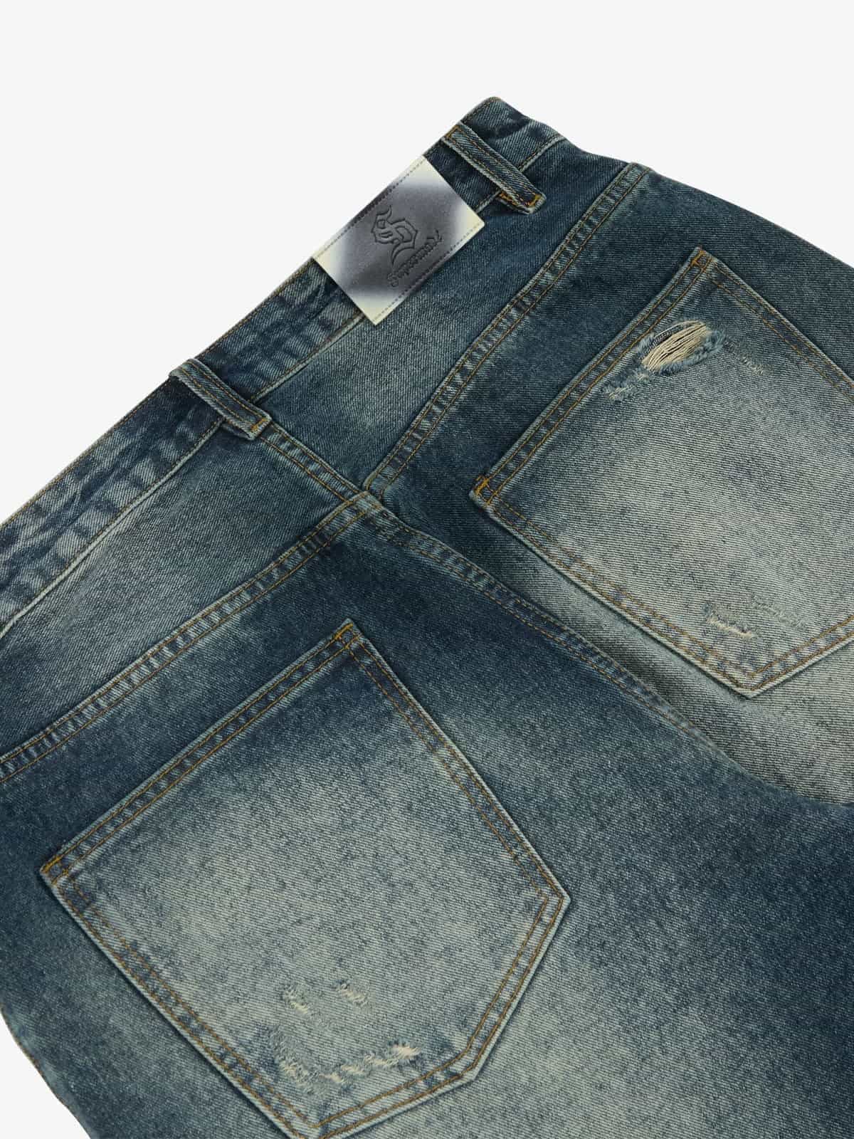 Retro Rhinestone Letter Embroidery Distressed Baggy Jeans 