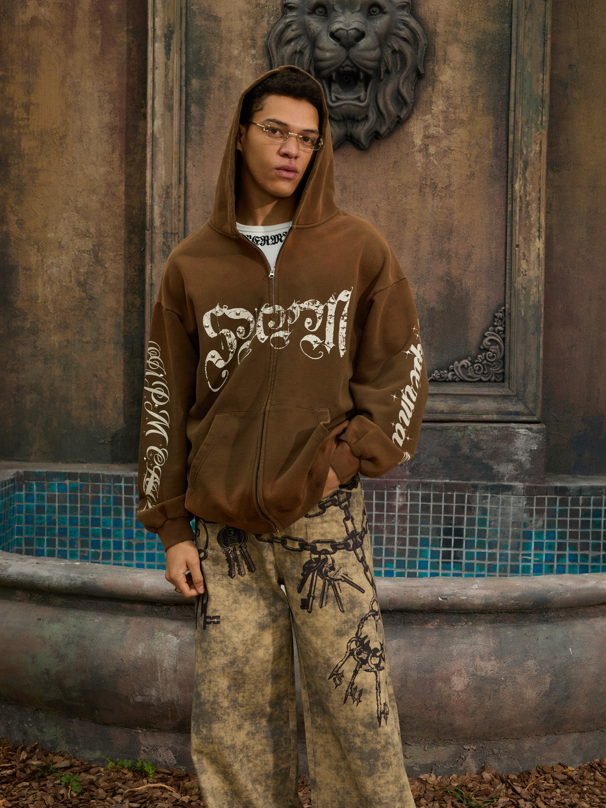 Supermade Vintage Distressed Studded Gothic Font Zipper Sweatshirt 