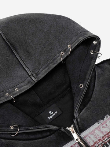 Kurzer Hoodie mit Used-Look-Grafikmuster