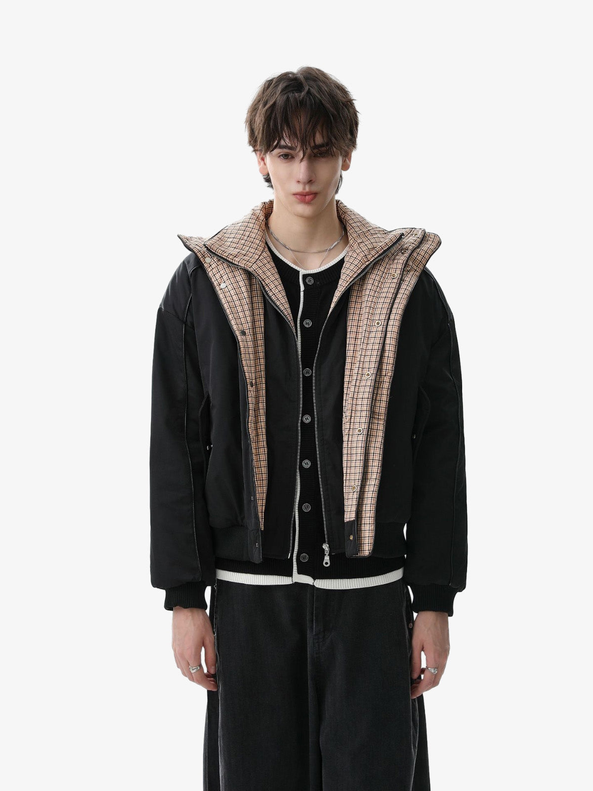 Stylish Black Bomber Jacket with Plaid Collar for Men - Perfect for Casual and Outdoor Wear 