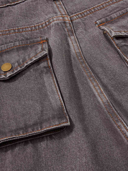 Retro Faded Multi-Pocket Flared Cargo Jeans 