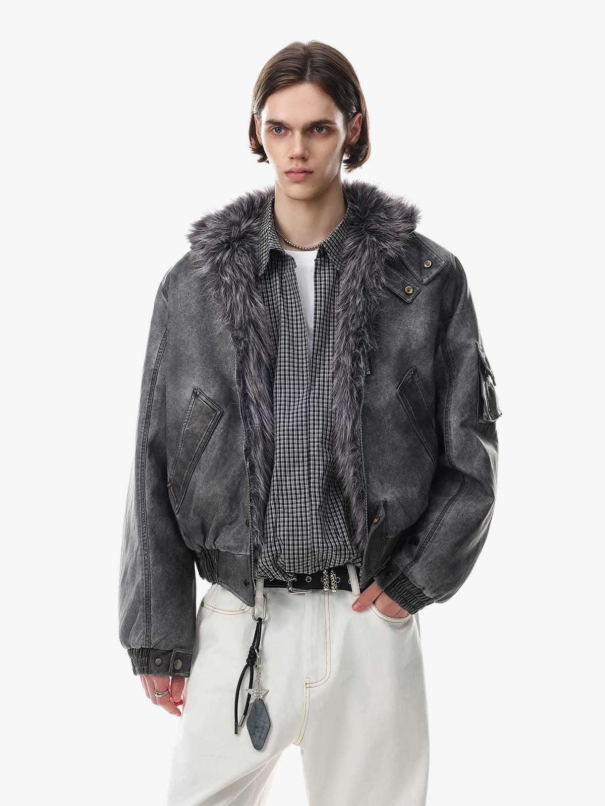 Washed High-Collar Multi-Zip Bomber Coat