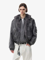 Washed High-Collar Multi-Zip Bomber Coat