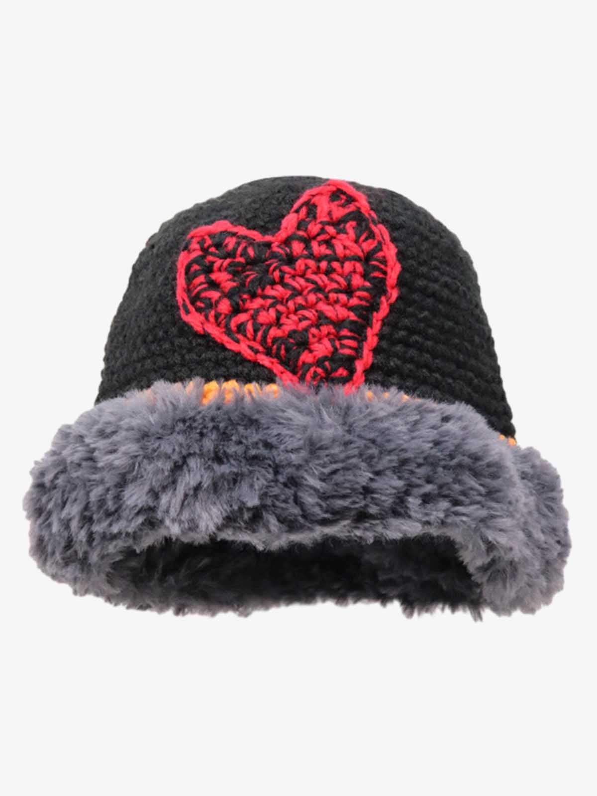 Cozy Heart-Embellished Winter Hat with Faux Fur Trim 