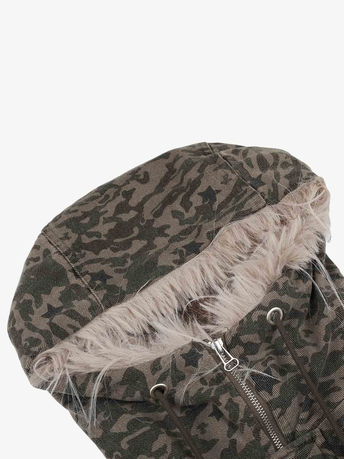 Street Style Fur Collar Camouflage Hooded Coat