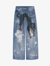 Retro Dachshund 3D Print Washed Distressed Jeans 