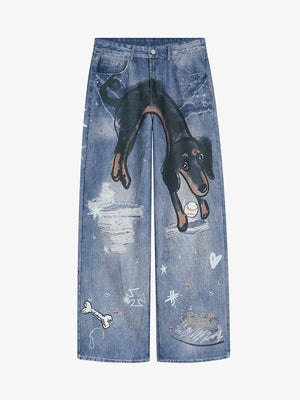 Retro Dachshund 3D Print Washed Distressed Jeans 