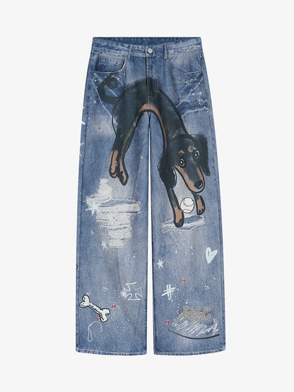 Retro Dachshund 3D Print Washed Distressed Jeans 