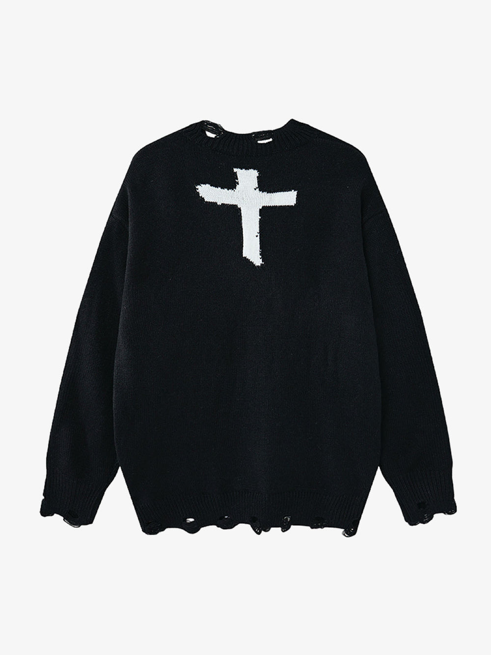Cross Jacquard Ripped Long Sleeve Sweater