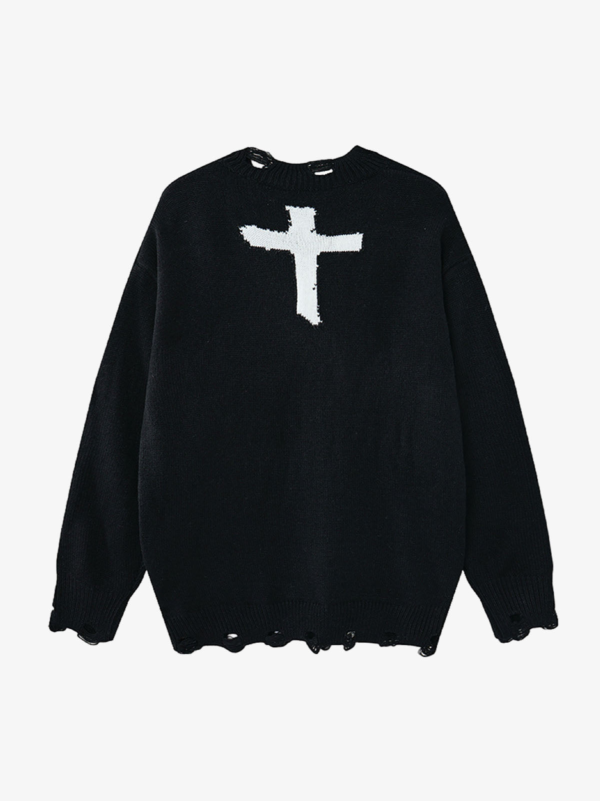 Cross Jacquard Ripped Long Sleeve Sweater