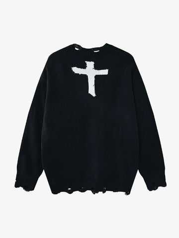 Cross Jacquard Ripped Long Sleeve Sweater