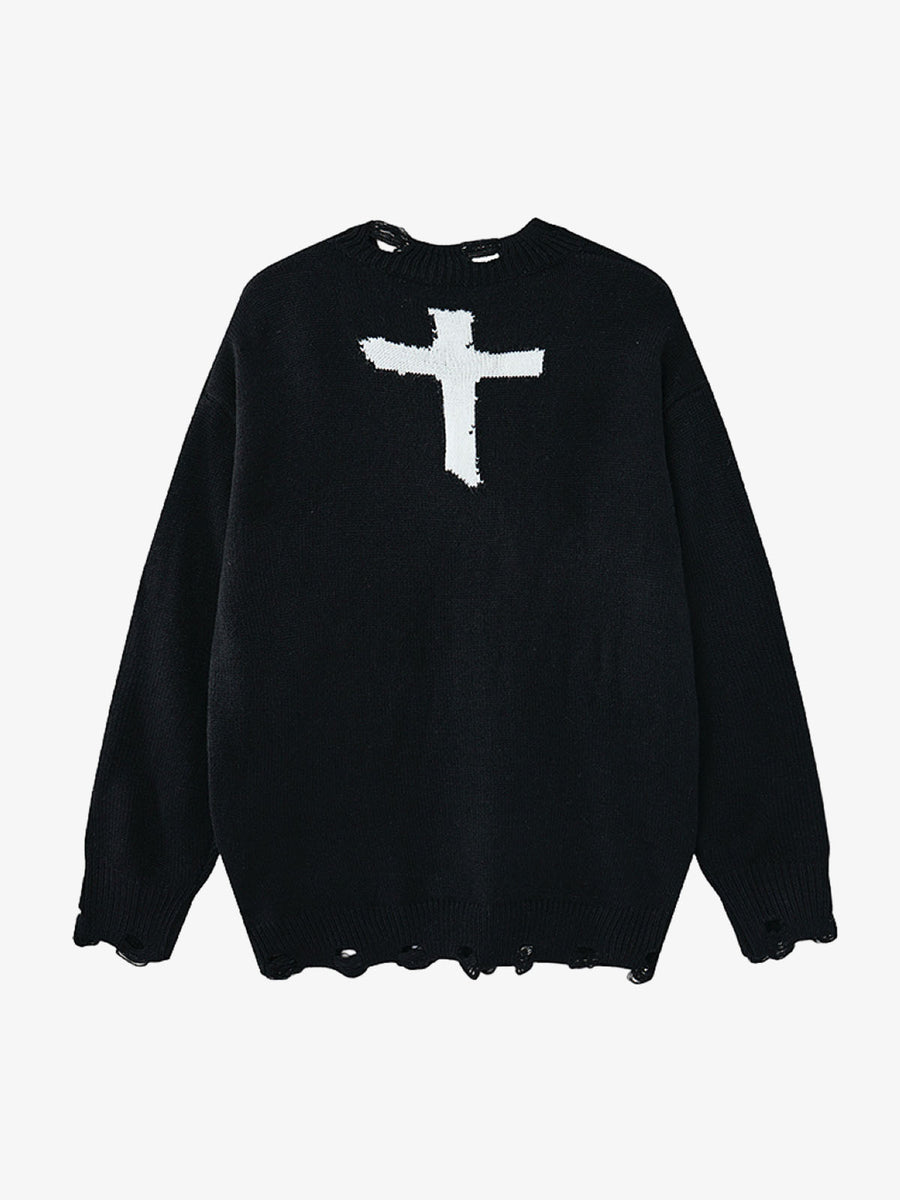Cross Jacquard Ripped Long Sleeve Sweater; Black / M, Black / L, Black / XL, Black / 2XL