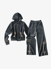 Gold Braid Embellished Plush Zip Hoodie & Wide-Leg Pants Set