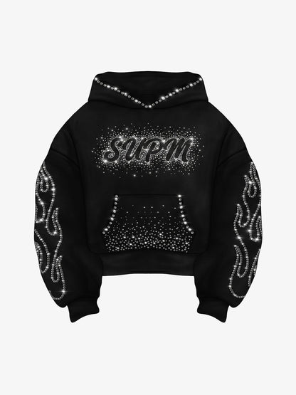 Flame Rhinestone Boxy Fit Hoodie