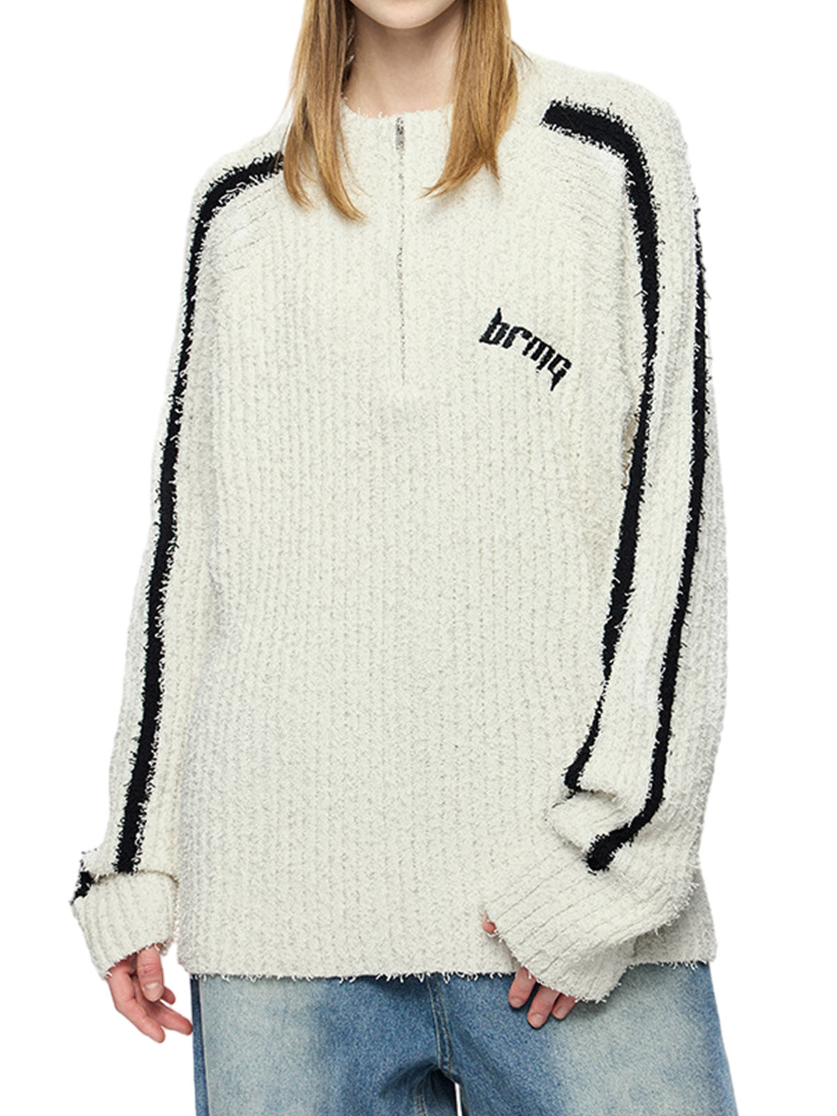 Thesupermade Striped Embroidered Quarter Zip Sweater