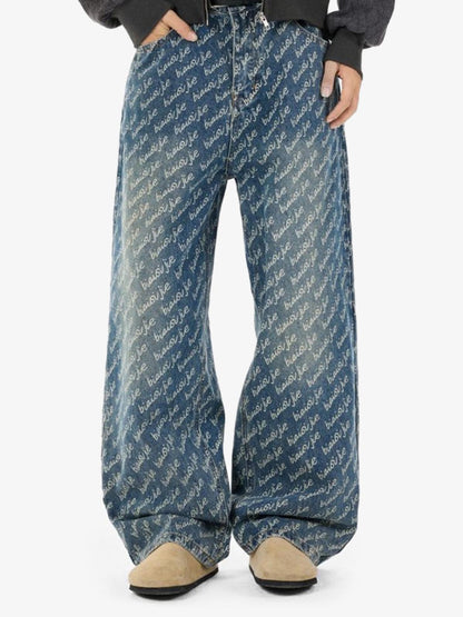 All-Over Letter Graphic Distressed Jeans