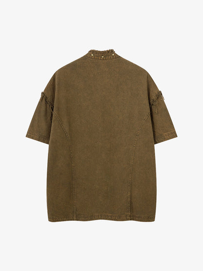 Rivet Deconstructed Split Stitching Denim Short-sleeved Shirt 
