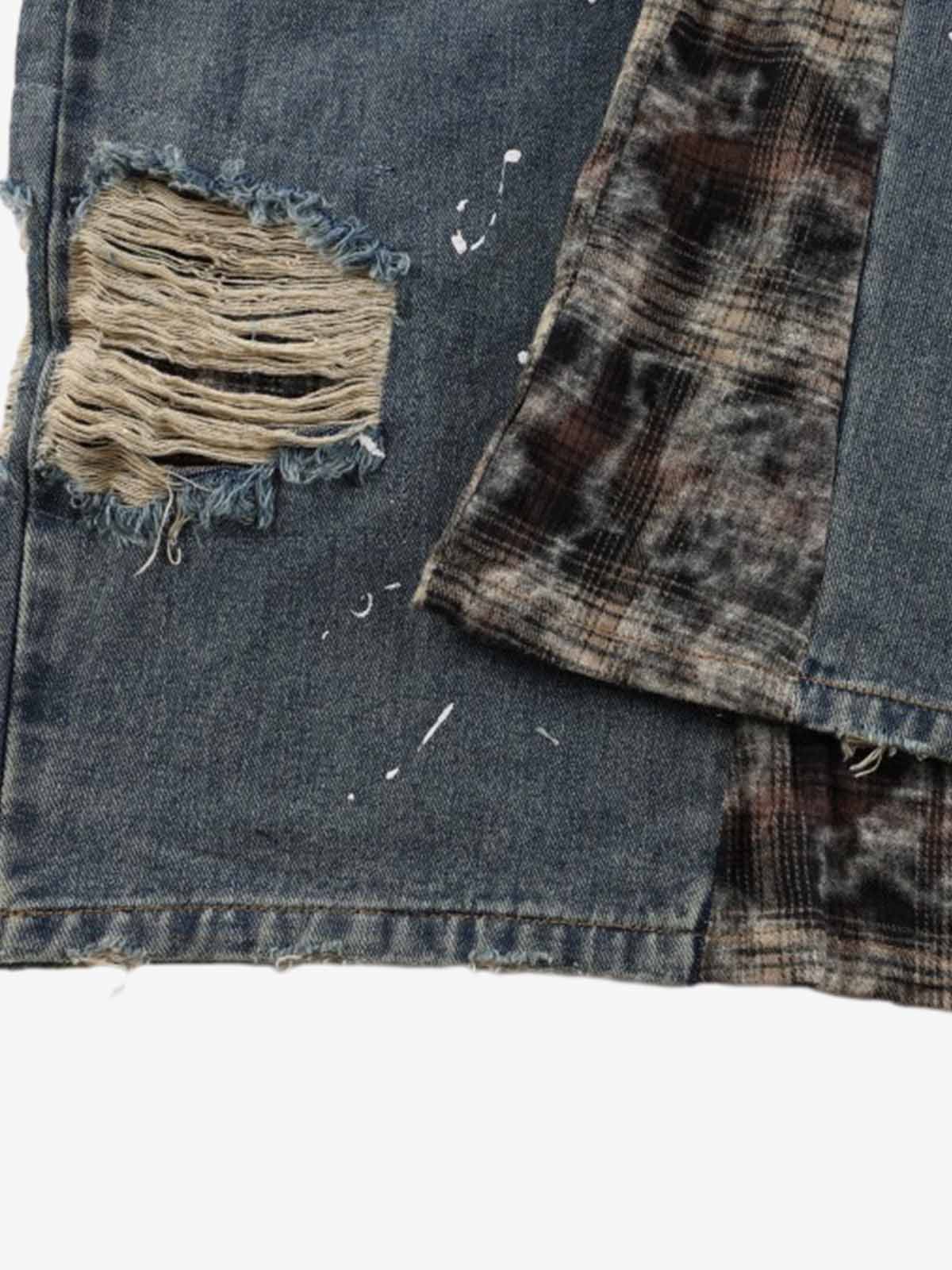 Denim Patchwork Wide Leg Pants with Drawstring Waist and Distressed Details 