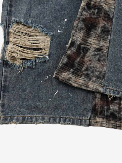 Denim Patchwork Wide Leg Pants with Drawstring Waist and Distressed Details 