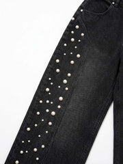 Scorpion Embroidered Pearl-Studded Distressed Straight-Leg Jeans