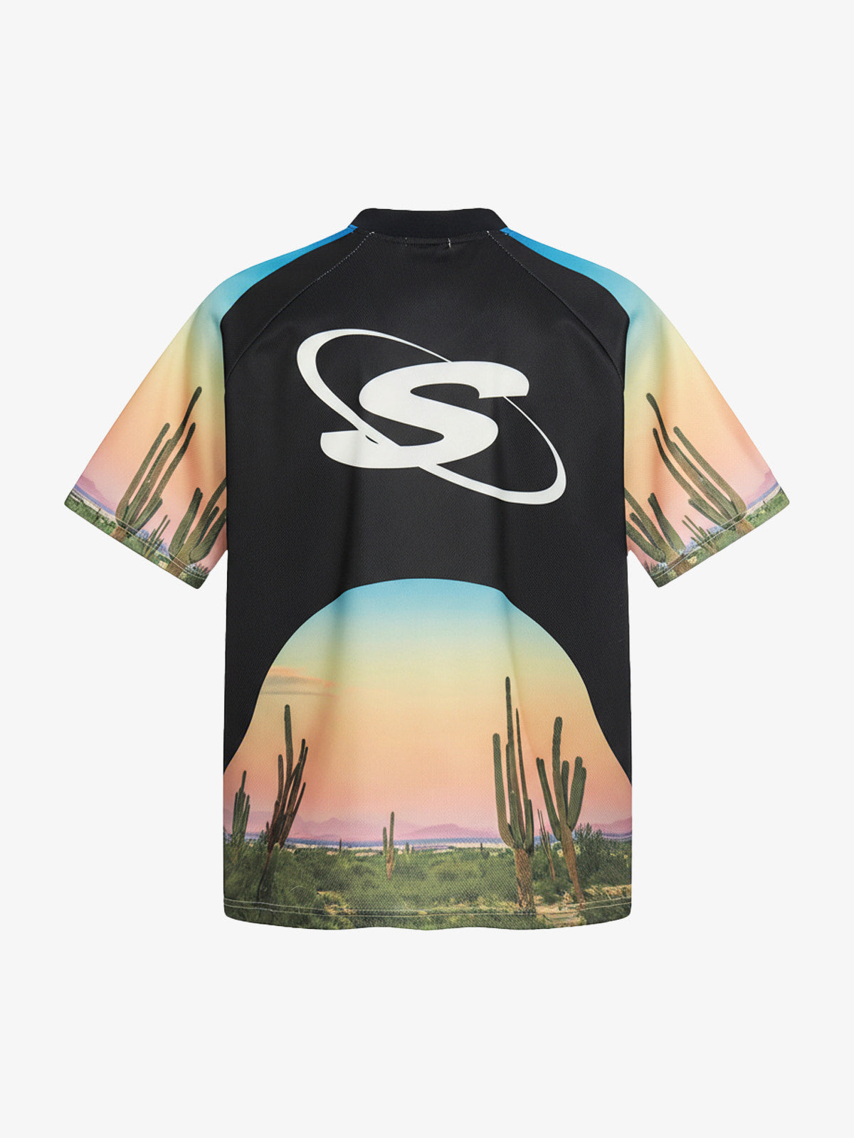 Polyester Desert Print V-Neck T-Shirt with Supermade Logo and Cactus Design 